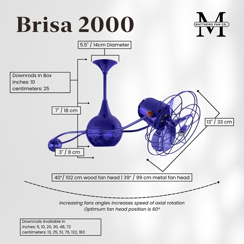 Matthews Fans Brisa 2000 39in Rotational Ceiling Fan | Contemporary Safira and Metal Blades | Covered Patio & Sunroom | Model B2K-BLUE-MTL