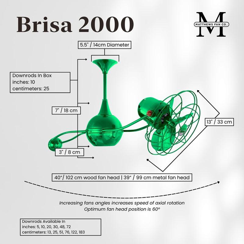 Matthews Fans Brisa 2000 39in Rotational Ceiling Fan | Contemporary Esmeralda and Metal Blades | Covered Patio & Sunroom | Model B2K-GREEN-MTL