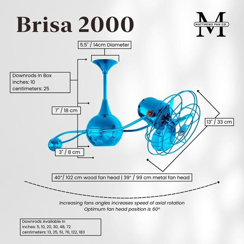Matthews Fans Brisa 2000 39in 3-Blade Ceiling Fan | Contemporary Agua Marinha and Metal Blade | Covered Patio & Sunroom | Model B2K-LTBLUE-MTL