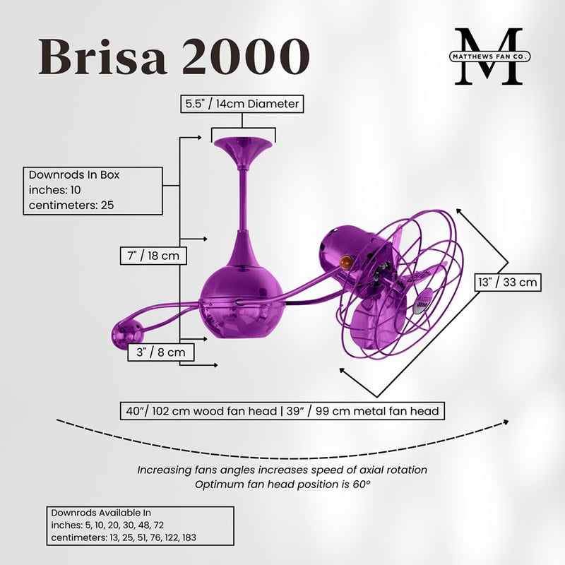 Matthews Fans Brisa 2000 39in 3-Blade Ceiling Fan | Contemporary Ametista and Metal Blade | Covered Patio & Sunroom | Model B2K-LTPURPLE-MTL