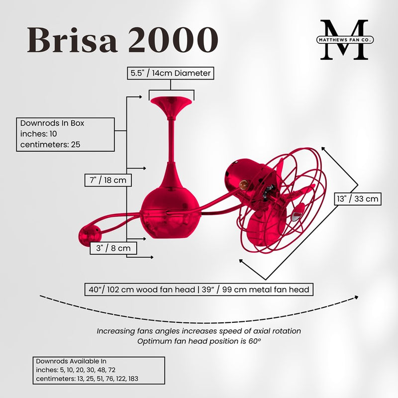 Matthews Fans Brisa 2000 13in 3-Blade Rotational Ceiling Fan | Contemporary Rubi and Metal Blade | Covered Patio & Sunroom | Model B2K-RED-MTL