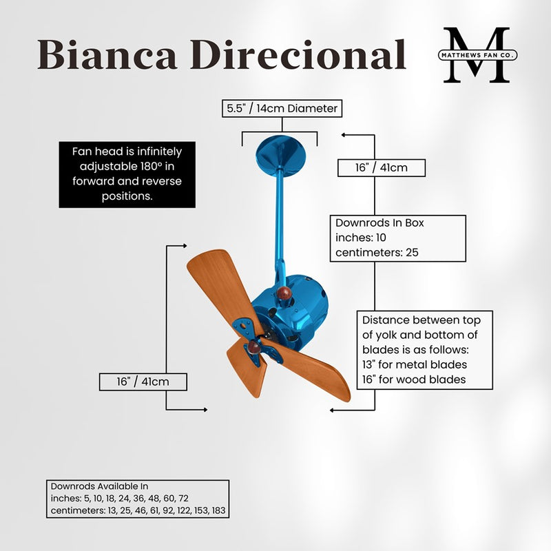 Matthews Fans Bianca Direcional 16in 3-Blade Ceiling Fan | Contemporary Agua Marinha and Mahogany Wood | Bedroom & Covered Patio | Model BD-LTBLUE-WD
