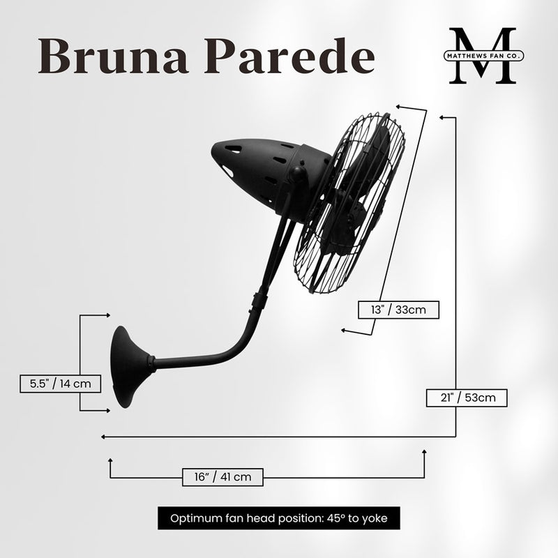 Matthews Fans Bruna Parede 13in 3-Blade Directional Wall Fan | Industrial Matte Black and Metal | Covered Patio & Sunroom | Model BP-BK-MTL