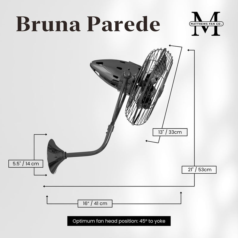 Matthews Fans Bruna Parede 13in 3-Blade Directional Wall Fan | Industrial Black Nickel and Metal | Covered Patio & Sunroom | Model BP-BKN-MTL