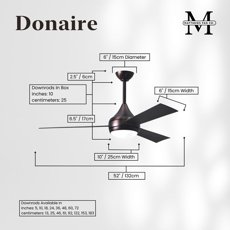 Matthews Fans Donaire 52in 3-Blade Ceiling Fan | Contemporary Brushed Bronze Stainless Steel | Living Room & Bedroom with LED Light | Model DA-BB-BB