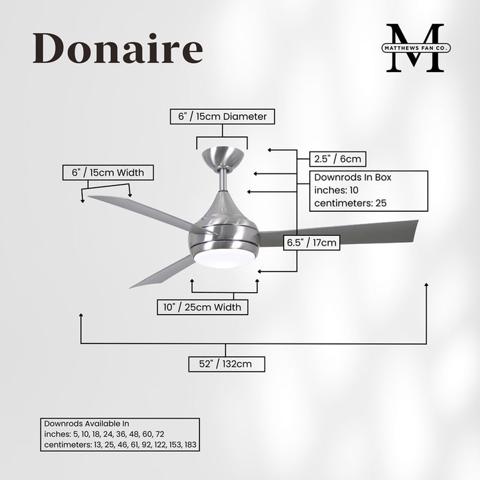 Matthews Fan Donaire 3 Blade 52" Paddle Fan, Brushed Stainless