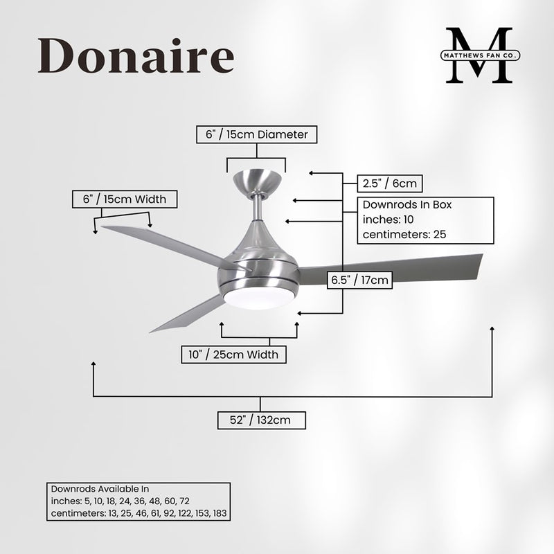 Matthews Fans Donaire 52in 1-Light Ceiling Fan | Contemporary Brushed Stainless and Brushed Stainless ABS | Coastal Wet Location | Model DA-BS-BS