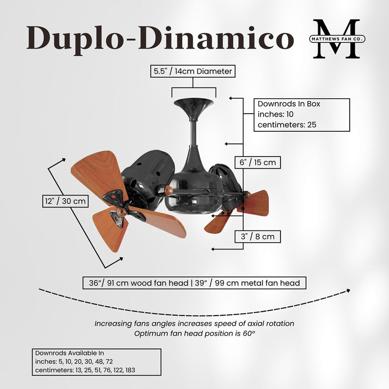 Matthews Fans Duplo Dinamico 36in Rotational Ceiling Fan | Black Nickel and Mahogany Wood | Covered Patio & Sunroom | 36 x 9 in | Model DD-BKN-WD
