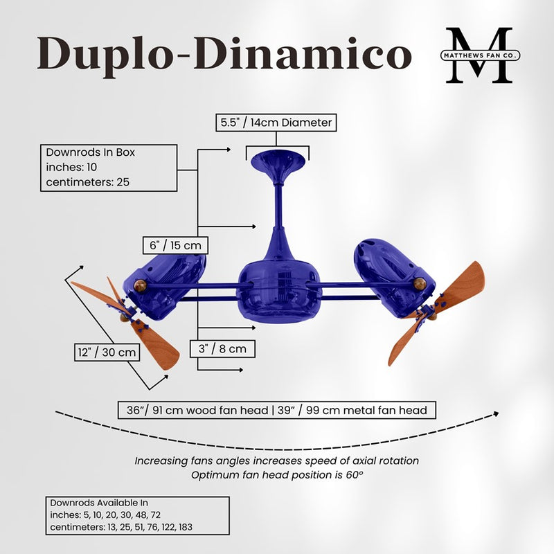 Matthews Fans Duplo Dinamico 36in Rotational Ceiling Fan | Safira and Mahogany Wood | Covered Patio & Sunroom | 36 x 9 in | Model DD-BLUE-WD