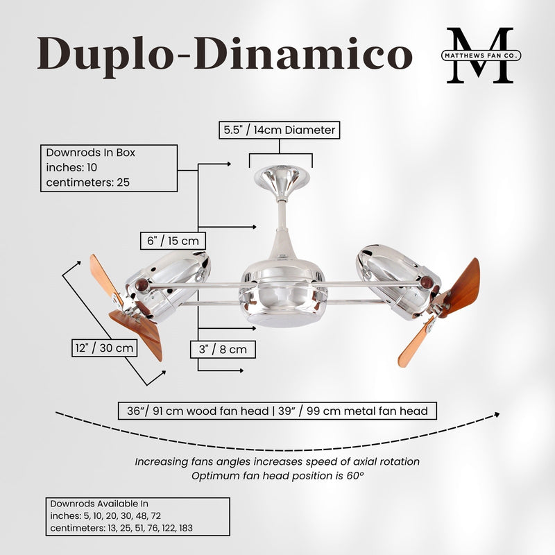Matthews Fan Company Duplo Dinamico 36in Chrome Wood Ceiling Fan | Industrial Chrome Steel & Mahogany Blades | Living Room & Bedroom | Model DD-CR-WD