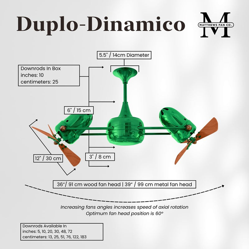 Matthews Fans Duplo-Dinamico 36in Rotational Ceiling Fan | Contemporary Esmeralda and Mahogany Wood | Living Room & Bedroom | Model DD-GREEN-WD