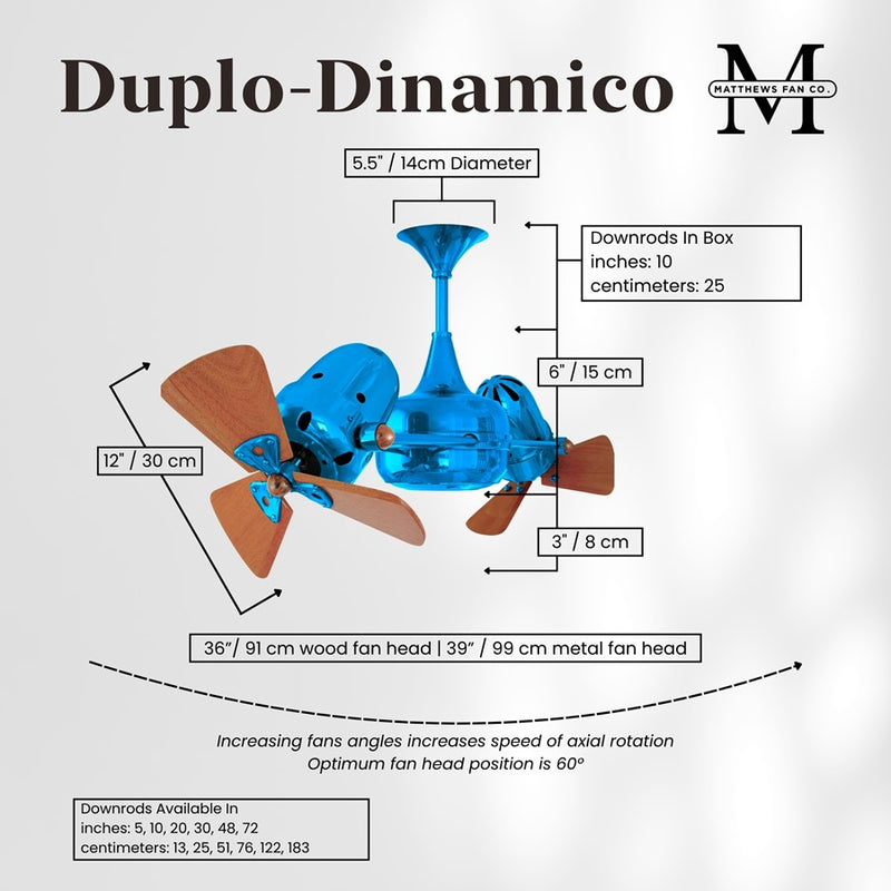 Matthews Fans Duplo-Dinamico 36in Rotational Ceiling Fan | Contemporary Agua Marinha and Mahogany Wood | Living Room & Bedroom | Model DD-LTBLUE-WD