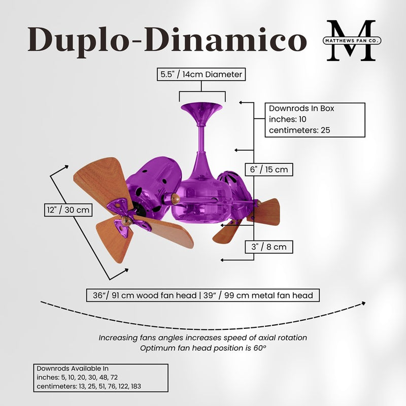 Matthews Fans Duplo Dinamico 36in Rotational Ceiling Fan | Contemporary Ametista and Mahogany Wood Blades | Living Room | Model DD-LTPURPLE-WD