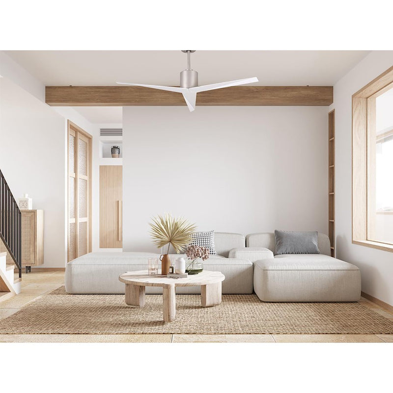 Matthews Fan Eliza 56in 3-Blade Ceiling Fan | Brushed Nickel and Gloss White Polycarbonate | Indoor & Outdoor Wet Locations | Model EK-BN-WH