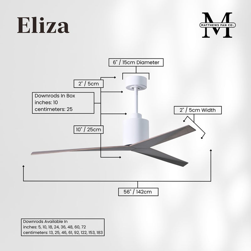 Matthews Fans Eliza 56in 3-Blade Ceiling Fan | Gloss White and Old Oak ABS Blades | Great Room & Covered Patio | 56 x 56 x 12 in | Model EK-WH-OO