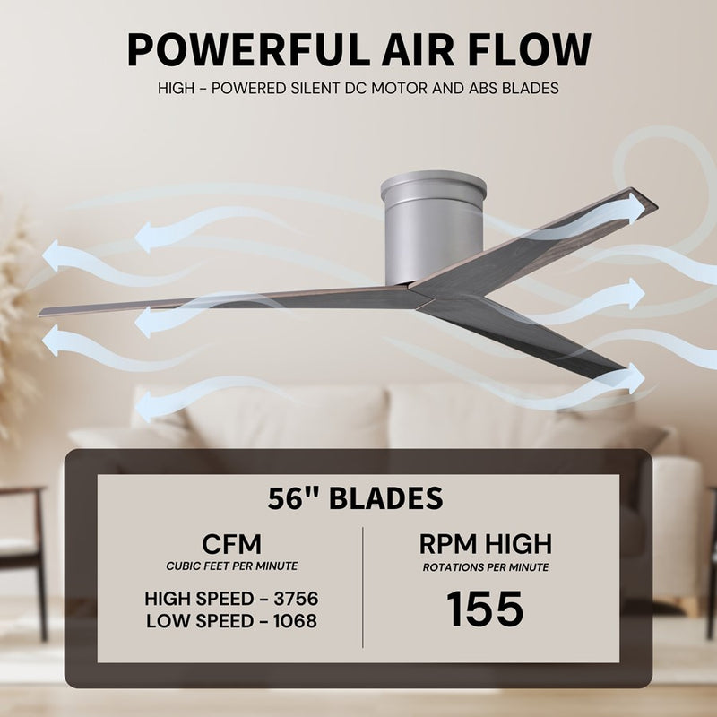 Matthews Fans Eliza-H 56in 3-Blade Flush Mount Ceiling Fan | Brushed Nickel and Old Oak ABS | Great Rooms & Covered Patios | Model EKH-BN-OO