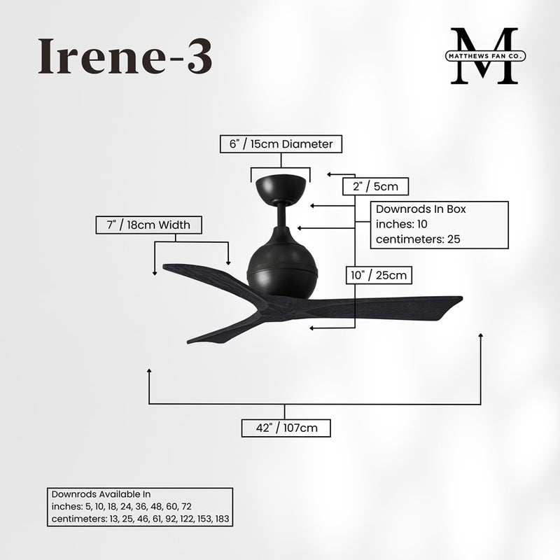 Matthews Fans Irene-3 42in 3-Blade Ceiling Fan | Matte Black Solid Wood Blades | Bedroom & Covered Patio | 42 x 42 x 12 in | Model IR3-BK-BK-42