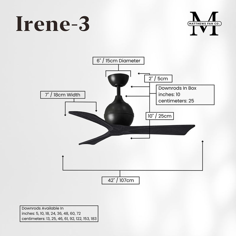 Matthews Fans Irene-3 42in 3-Blade Ceiling Fan | Matte Black Solid Wood Blades | Bedroom & Covered Patio | 42 x 42 x 12 in | Model IR3-BK-BK-42