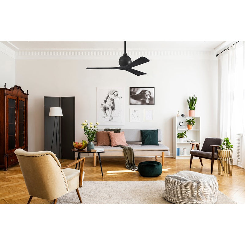 Matthews Fans Irene-3 52in 3-Blade Ceiling Fan | Matte Black Solid Wood Blades | Bedroom & Living Room | 52 x 52 x 12 in | Model IR3-BK-BK-52