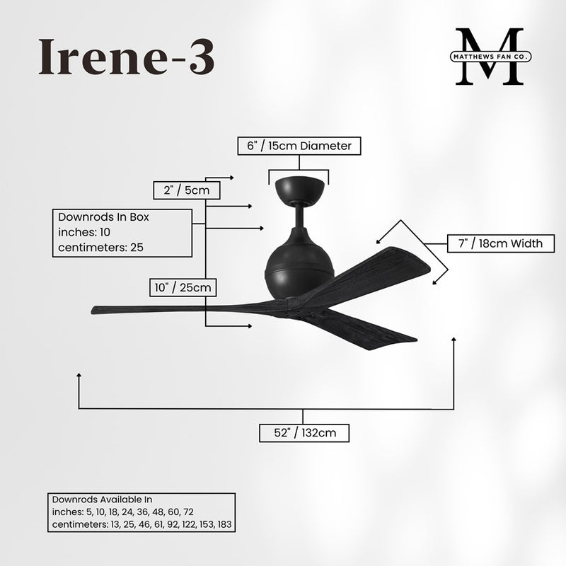 Matthews Fans Irene-3 52in 3-Blade Ceiling Fan | Matte Black Solid Wood Blades | Bedroom & Living Room | 52 x 52 x 12 in | Model IR3-BK-BK-52