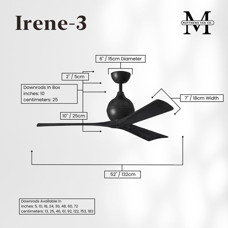 Matthews Fans Irene-3 52in 3-Blade Ceiling Fan | Matte Black Solid Wood Blades | Bedroom & Living Room | 52 x 52 x 12 in | Model IR3-BK-BK-52
