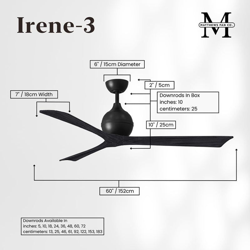 Matthews Fans Irene-3 60in 3-Blade Ceiling Fan | Matte Black Solid Wood Blades | Great Room & Basement | 60 x 60 x 12 in | Model IR3-BK-BK-60