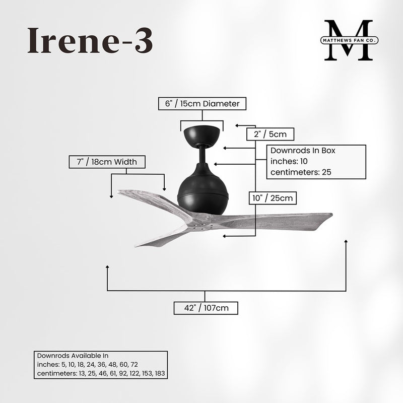 Matthews Fans Irene-3 42in 3-Blade Ceiling Fan | Matte Black & Barn Wood Blades | Bedroom & Home Office | 42 x 42 x 12 in | Model IR3-BK-BW-42