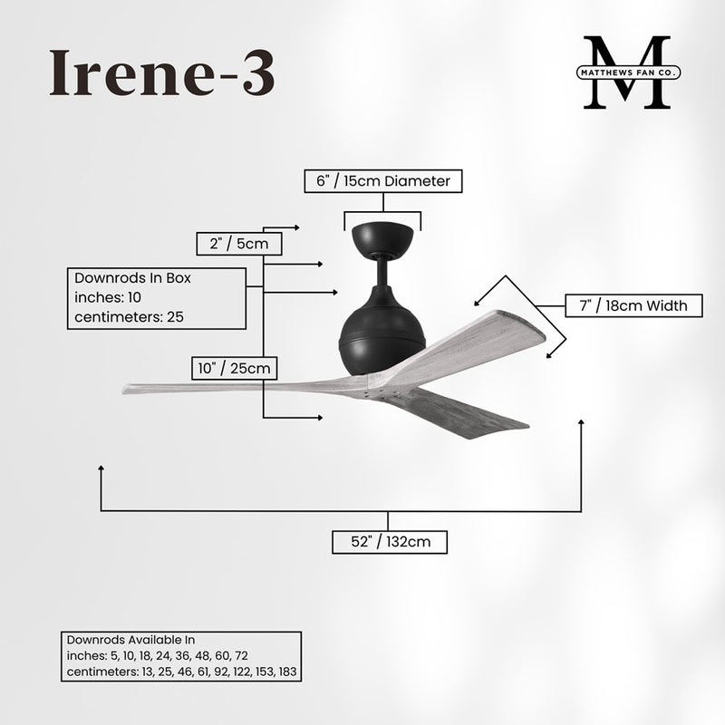 Matthews Fans Irene-3 52in 3-Blade Ceiling Fan | Contemporary Matte Black and Barn Wood | Bedroom & Living Room | 52 x 52 x 12 in | Model IR3-BK-BW-52