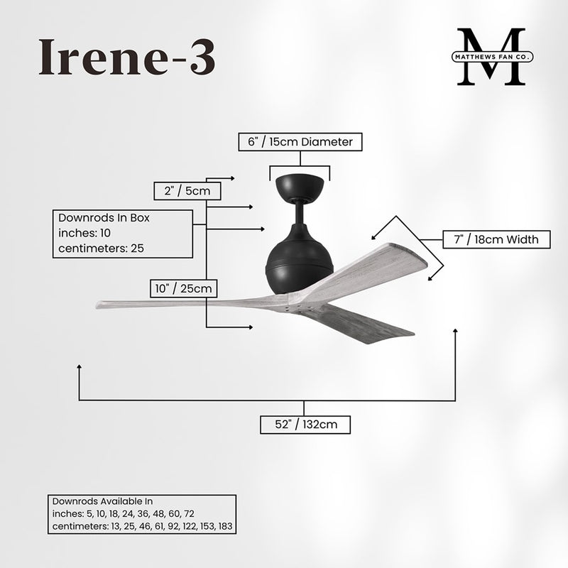 Matthews Fans Irene-3 52in 3-Blade Ceiling Fan | Contemporary Matte Black and Barn Wood | Bedroom & Living Room | 52 x 52 x 12 in | Model IR3-BK-BW-52