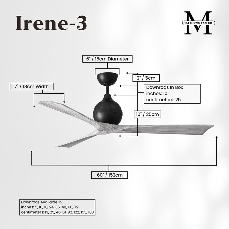 Matthews Fans Irene-3 60in 3-Blade Ceiling Fan | Contemporary Matte Black and Barn Wood | Great Room & Living Area | Model IR3-BK-BW-60
