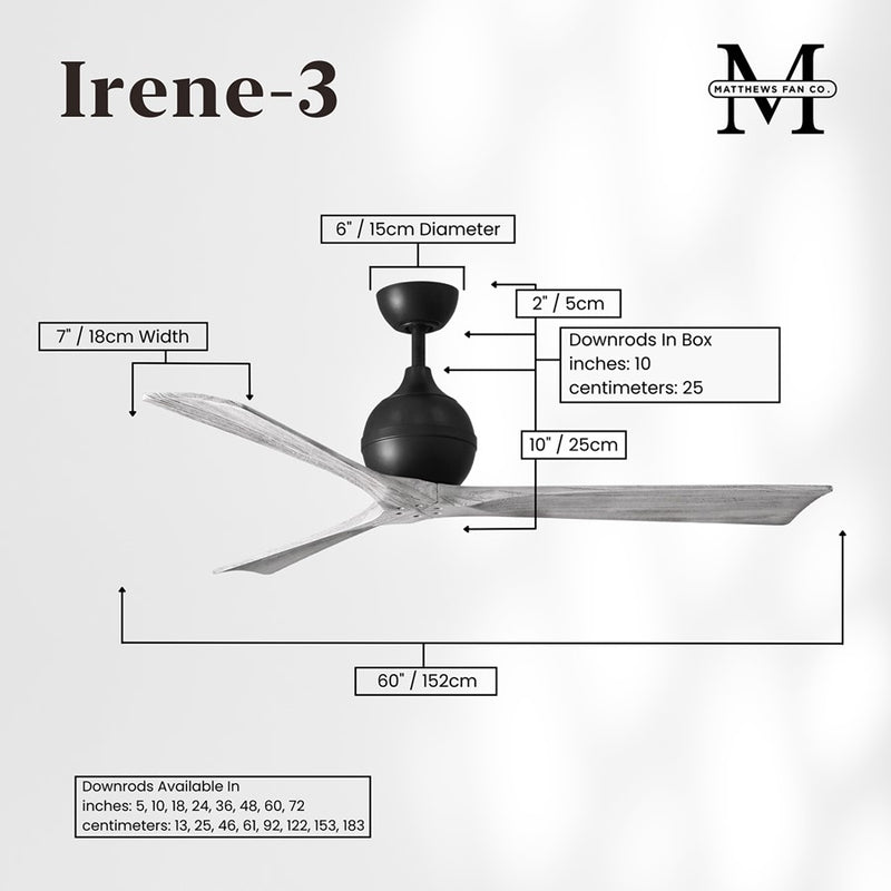 Matthews Fans Irene-3 60in 3-Blade Ceiling Fan | Contemporary Matte Black and Barn Wood | Great Room & Living Area | Model IR3-BK-BW-60