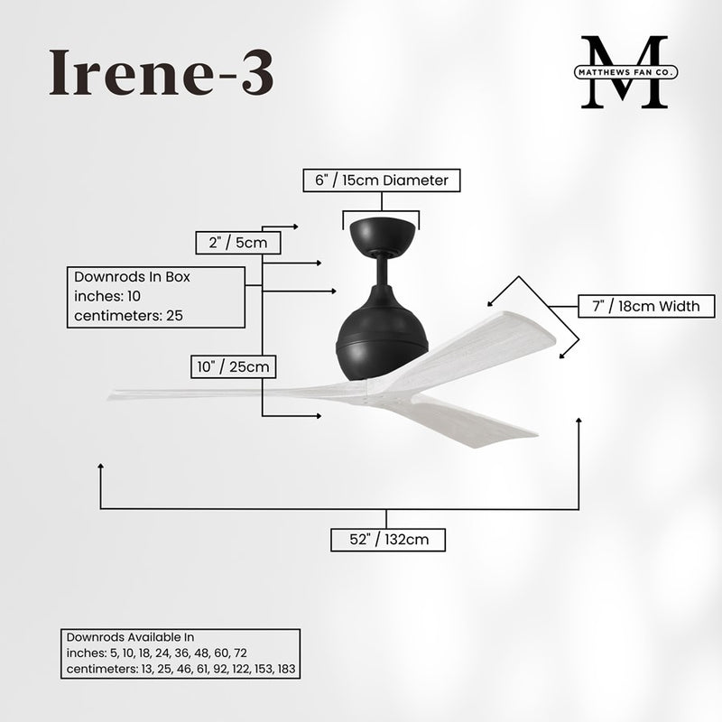 Matthews Fans Irene-3 52in 3-Blade Ceiling Fan | Matte Black and Matte White Solid Wood Blades | Covered Patio, Porch & Sunroom | Model IR3-BK-MWH-52