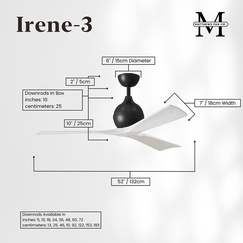 Matthews Fans Irene-3 52in 3-Blade Ceiling Fan | Matte Black and Matte White Solid Wood Blades | Covered Patio, Porch & Sunroom | Model IR3-BK-MWH-52