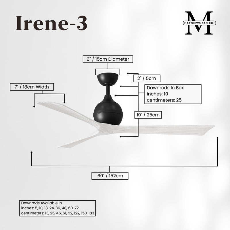 Matthews Fans Irene-3 60in 3-Blade Ceiling Fan | Matte Black and Matte White Solid Wood Blades | Covered Patio, Porch & Sunroom | Model IR3-BK-MWH-60