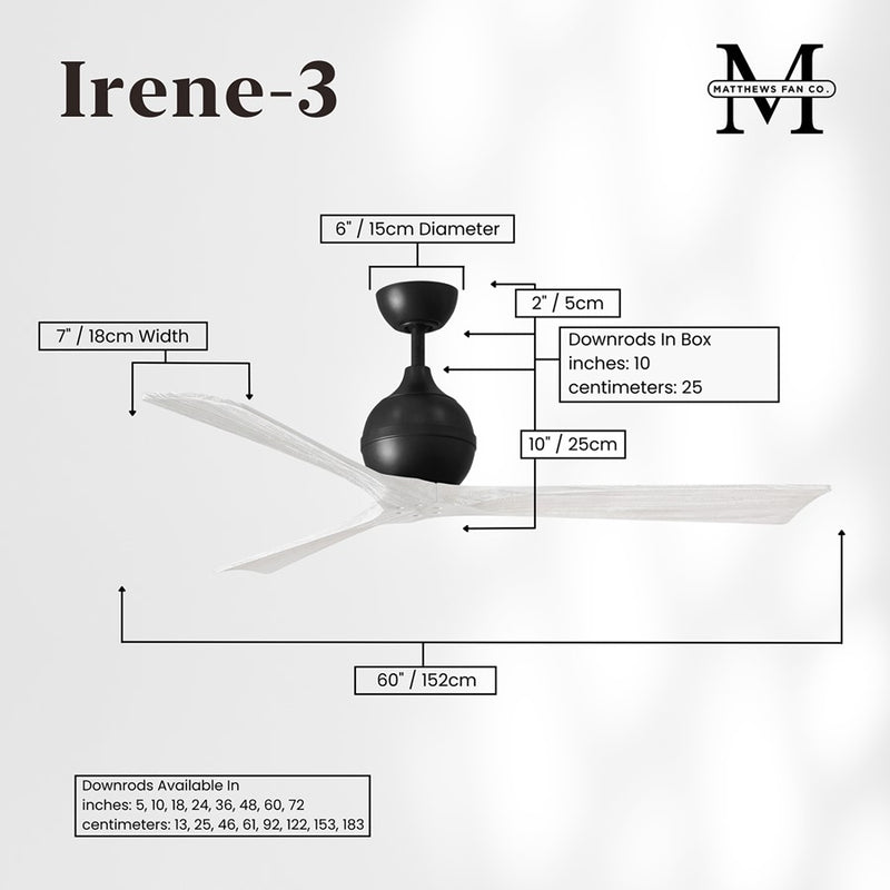 Matthews Fans Irene-3 60in 3-Blade Ceiling Fan | Matte Black and Matte White Solid Wood Blades | Covered Patio, Porch & Sunroom | Model IR3-BK-MWH-60