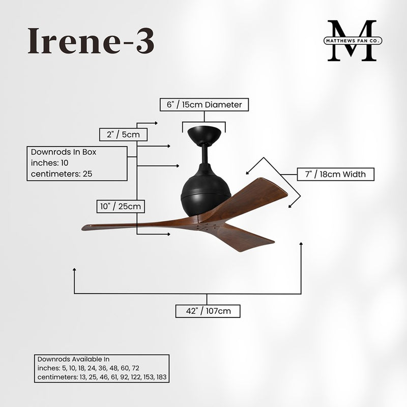 Matthews Fans Irene-3 42in 3-Blade Ceiling Fan | Matte Black and Walnut Solid Wood Blades | Covered Patio, Porch & Sunroom | Model IR3-BK-WA-42