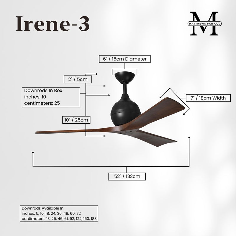 Matthews Fans Irene-3 52in 3-Blade Ceiling Fan | Contemporary Matte Black and Walnut Wood | Living Room & Covered Patio | Model IR3-BK-WA-52