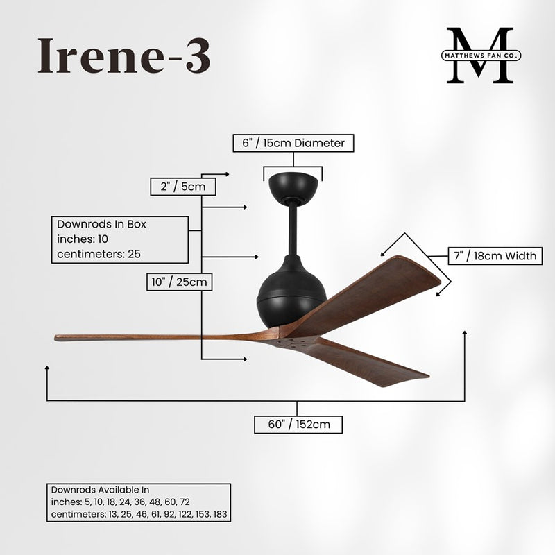 Matthews Fans Irene-3 60in 3-Blade Ceiling Fan | Contemporary Matte Black and Walnut Wood | Great Room & Covered Patio | Model IR3-BK-WA-60