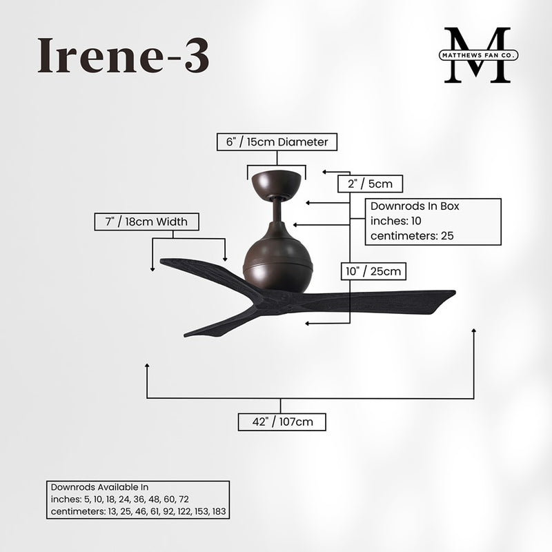 Matthews Fans Irene 3 42in 3-Blade Ceiling Fan | Textured Bronze Motor with Matte Black Solid Wood Blades | Bedroom & Kitchen | Model IR3-TB-BK-42