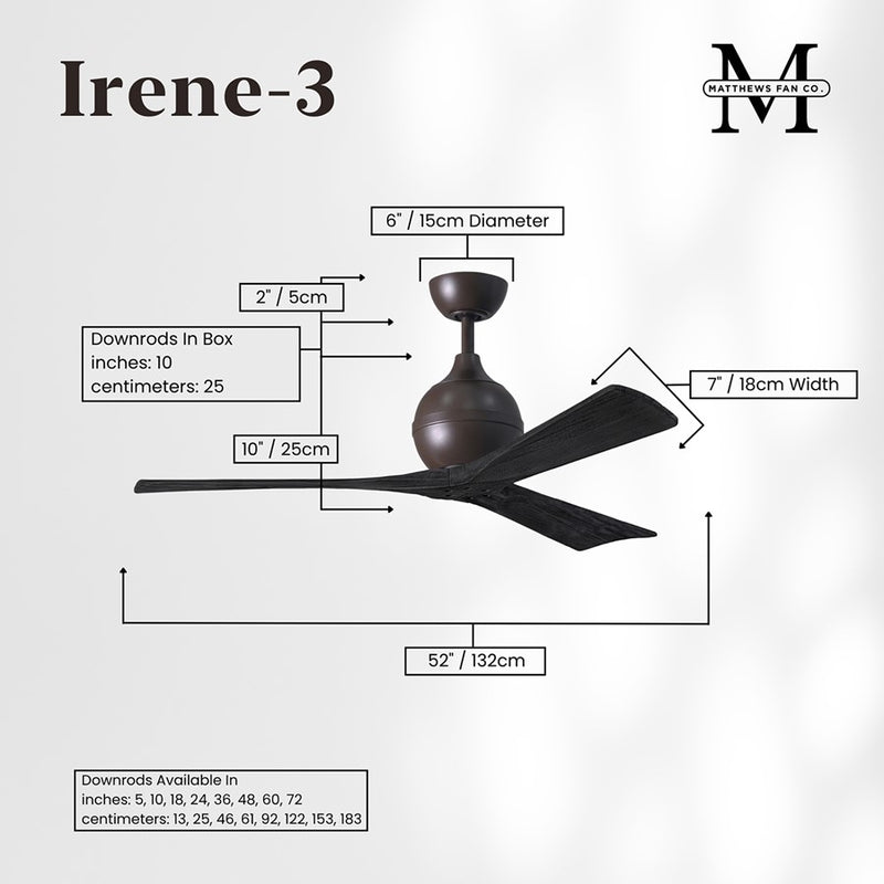 Matthews Fans Irene-3 52in 3-Blade Ceiling Fan | Textured Bronze and Matte Black Solid Wood | Bedroom & Living Room | Model IR3-TB-BK-52