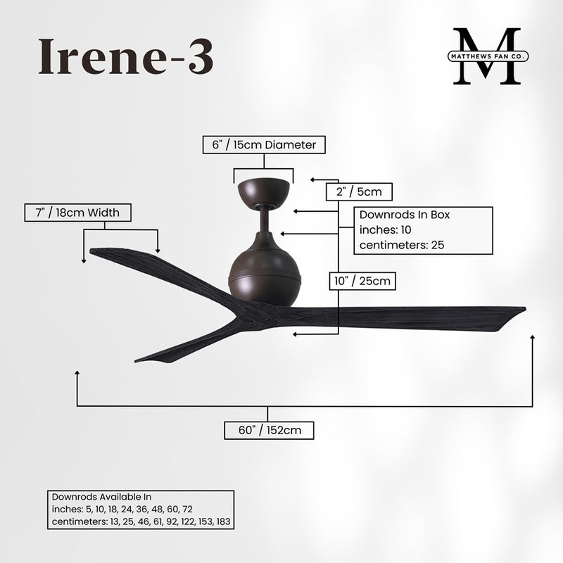 Matthews Fans Irene-3 60in 3-Blade Ceiling Fan | Textured Bronze and Matte Black Solid Wood | Great Room & Living Area | Model IR3-TB-BK-60