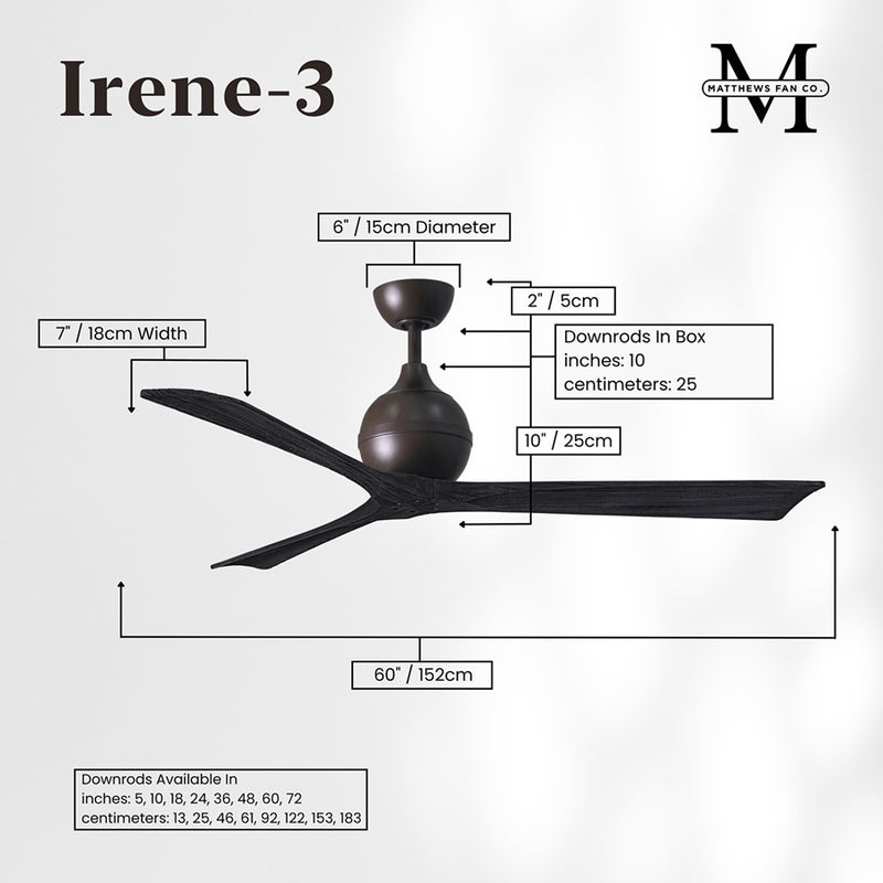 Matthews Fans Irene-3 60in 3-Blade Ceiling Fan | Textured Bronze and Matte Black Solid Wood | Great Room & Living Area | Model IR3-TB-BK-60