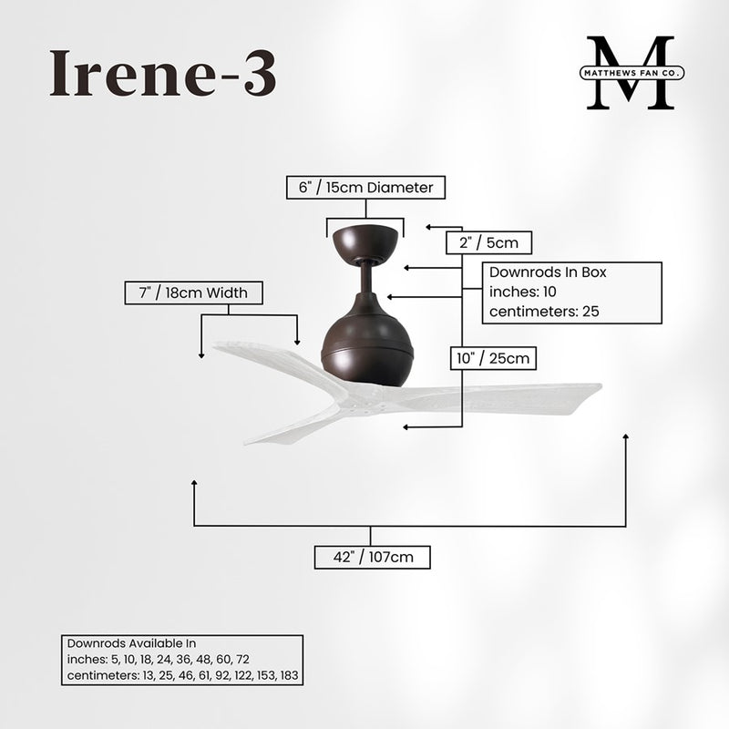 Matthews Fans Irene-3 42in 3-Blade Ceiling Fan | Contemporary Textured Bronze and Matte White Wood | Bedrooms & Small Offices | Model IR3-TB-MWH-42