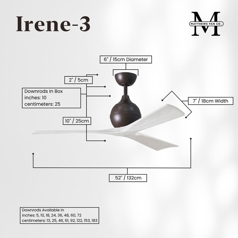 Matthews Fans Irene-3 52in 3-Blade Ceiling Fan | Contemporary Textured Bronze and Matte White Wood | Bedrooms & Dining Rooms | Model IR3-TB-MWH-52