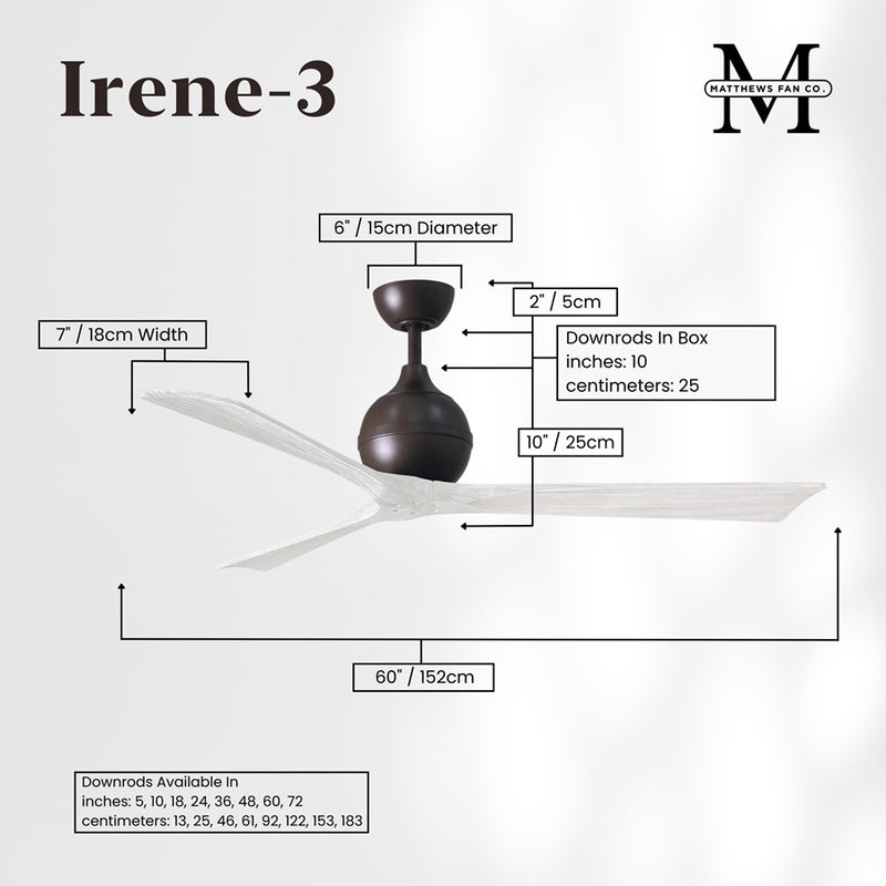 Matthews Fans Irene-3 60in 3-Blade Ceiling Fan | Contemporary Textured Bronze and Matte White Wood | Great Rooms & Basements | Model IR3-TB-MWH-60