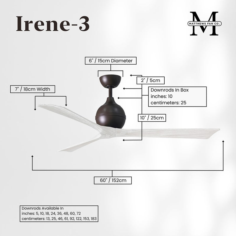 Matthews Fans Irene-3 60in 3-Blade Ceiling Fan | Contemporary Textured Bronze and Matte White Wood | Great Rooms & Basements | Model IR3-TB-MWH-60