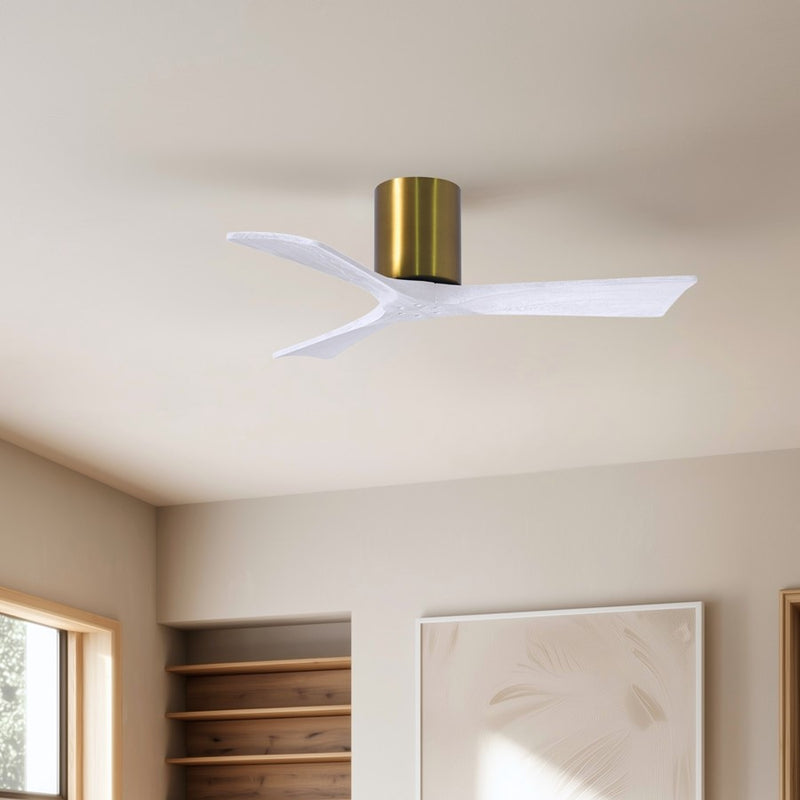 Matthews Fans Irene-3H 42in 3-Blade Flush Mount Ceiling Fan | Contemporary Brushed Brass and Matte White Wood | Bedrooms | Model IR3H-BRBR-MWH-42
