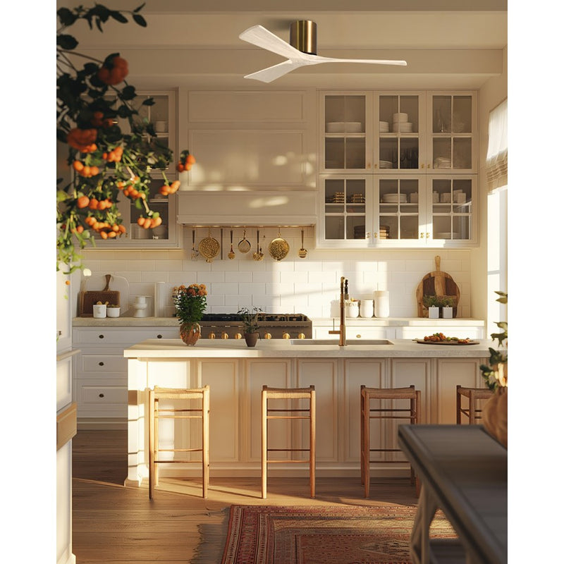 Matthews Fans Irene-3H 42in 3-Blade Flush Mount Ceiling Fan | Contemporary Brushed Brass and Matte White Wood | Bedrooms | Model IR3H-BRBR-MWH-42