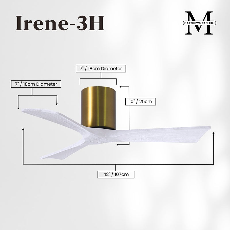 Matthews Fans Irene-3H 42in 3-Blade Flush Mount Ceiling Fan | Contemporary Brushed Brass and Matte White Wood | Bedrooms | Model IR3H-BRBR-MWH-42