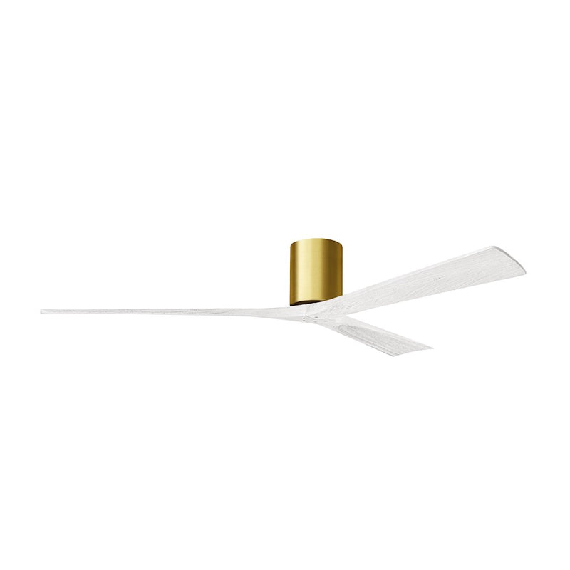 Matthews Fans Irene-3H 72in 3-Blade Flush Mount Ceiling Fan | Brushed Brass and Matte White Solid Wood Blades | Great Rooms | Model IR3H-BRBR-MWH-72